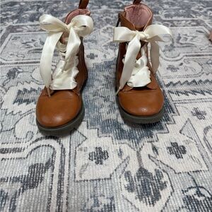 Cat & Jack Brown Girls Lace-Up Fashion Boots with Cream Ribbon